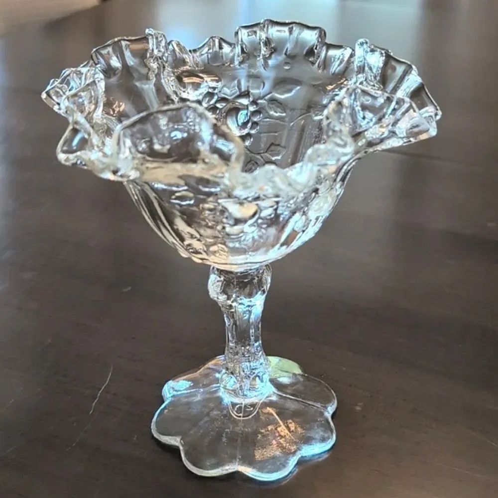 Vintage Fenton Glass Floral Crimped Ruffle Edge Compote Pedestal Candy Dish